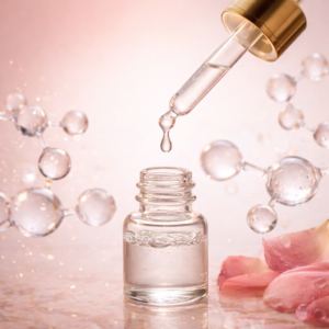 Sérum à l'acide hyaluronique avec pipette et bulles de gel translucides sur fond clair