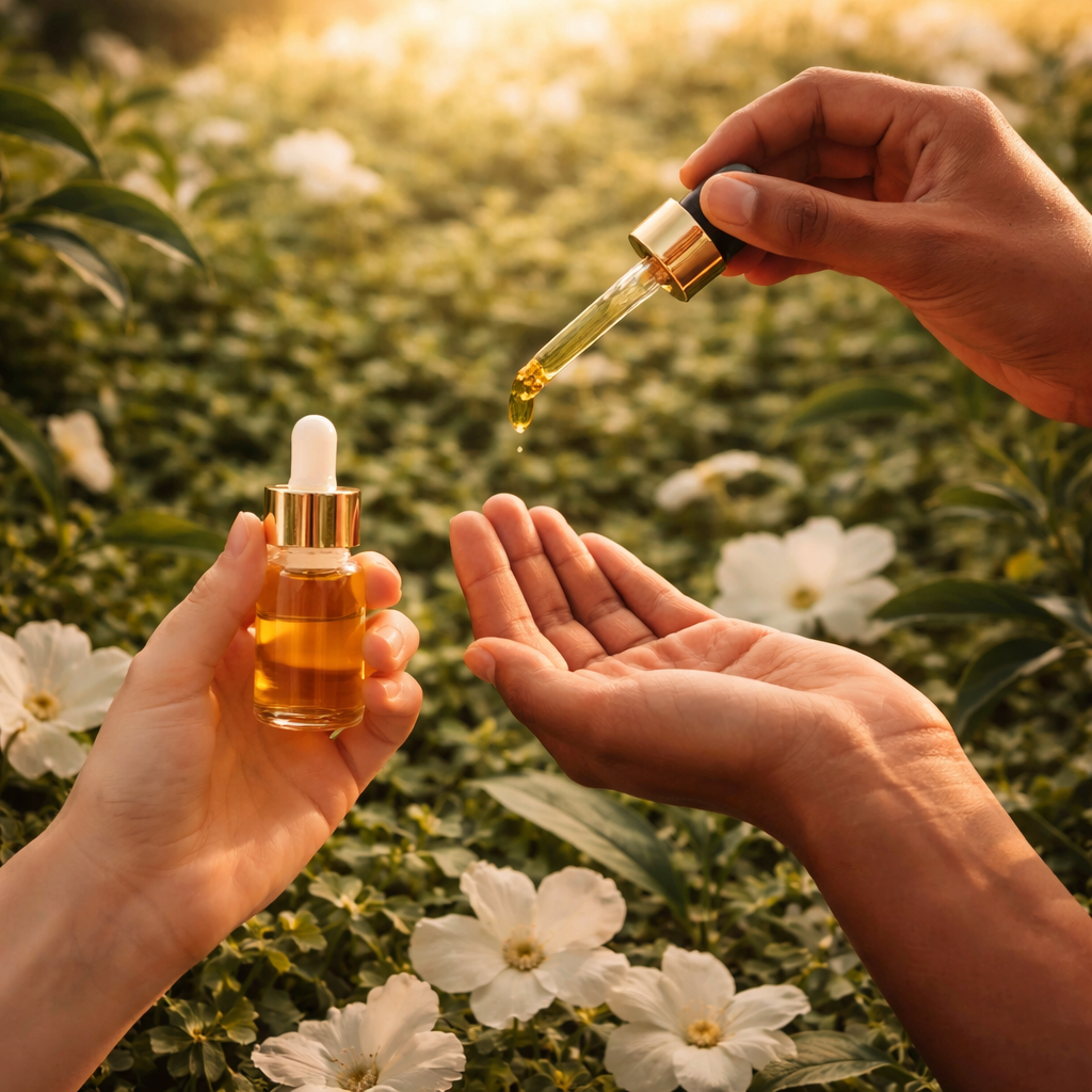 Huile naturelle versée dans la main avec pipette dorée entourée de fleurs blanches et végétation, soins naturels VELVEAS