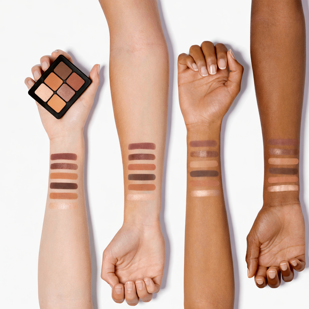 Swatches maquillage sur différentes carnations de peau - palette cosmétiques naturels VELVEAS inclusivité beauté