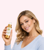 Femme souriante aux cheveux blonds tenant le Sérum Hyaluron Intense Gel Velvéas Paris 30ml - Peau hydratée et repulpée