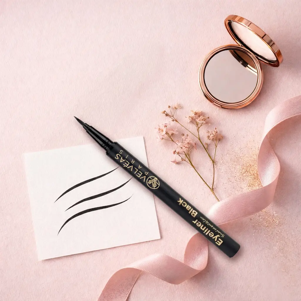 Eyeliner Black Velvéas posé sur un papier avec traits tracés, entouré d'un miroir de poche rose gold, fleurs séchées et ruban satiné rose sur fond rose pâle